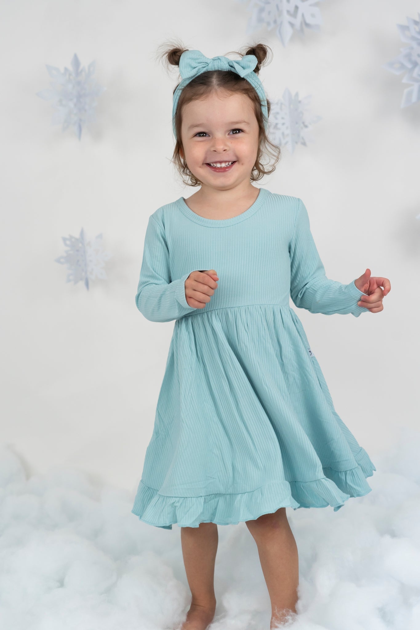 HAZY BLUE RIB DREAM RUFFLE DRESS