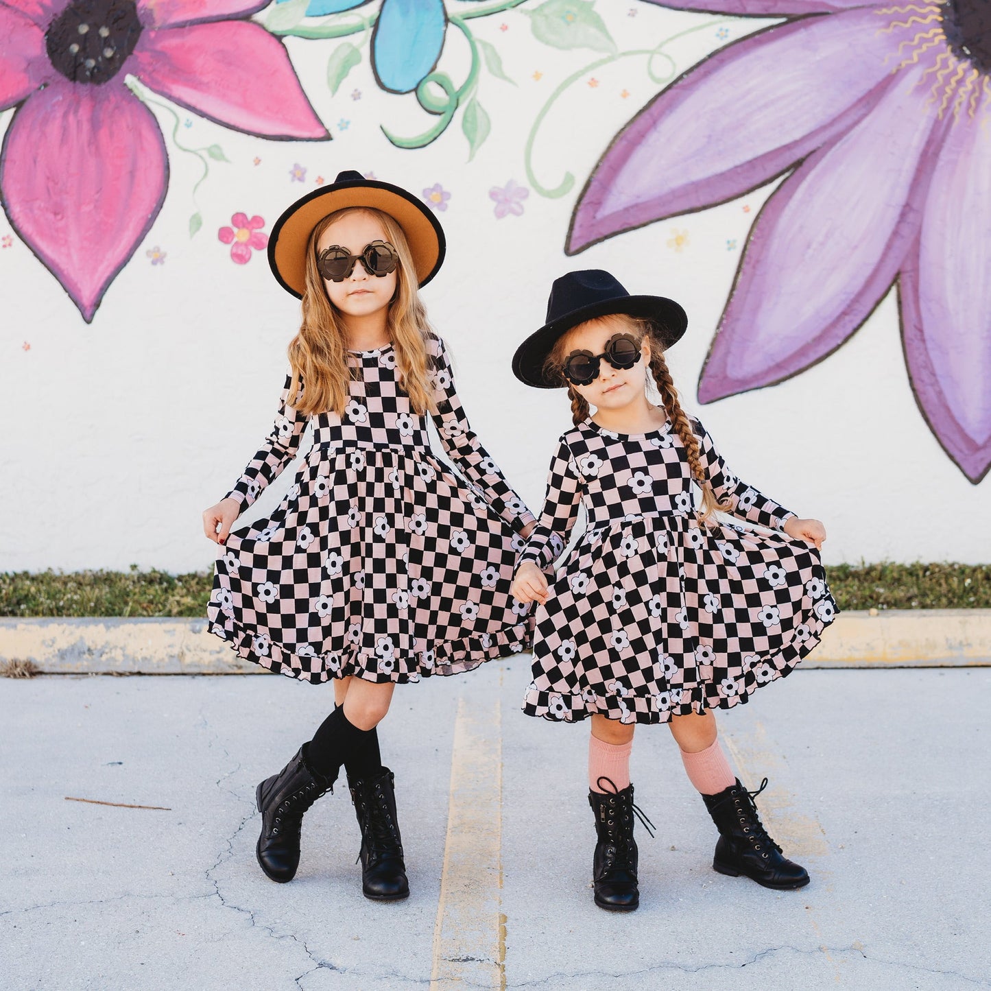 RETRO DAISY CHECKS LONG SLEEVE DREAM RUFFLE DRESS
