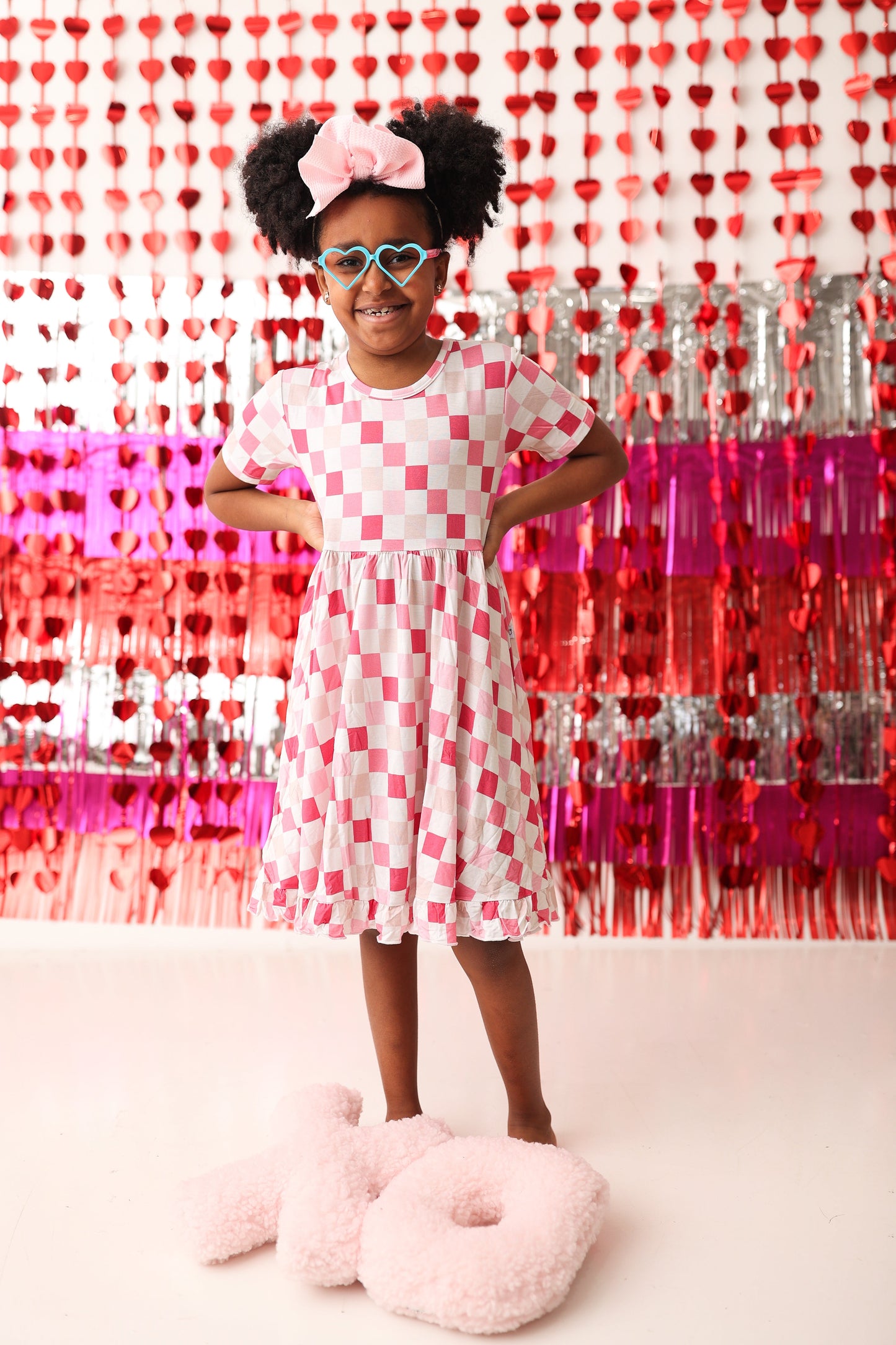 DREAMY PINK CHECKERS DREAM RUFFLE DRESS