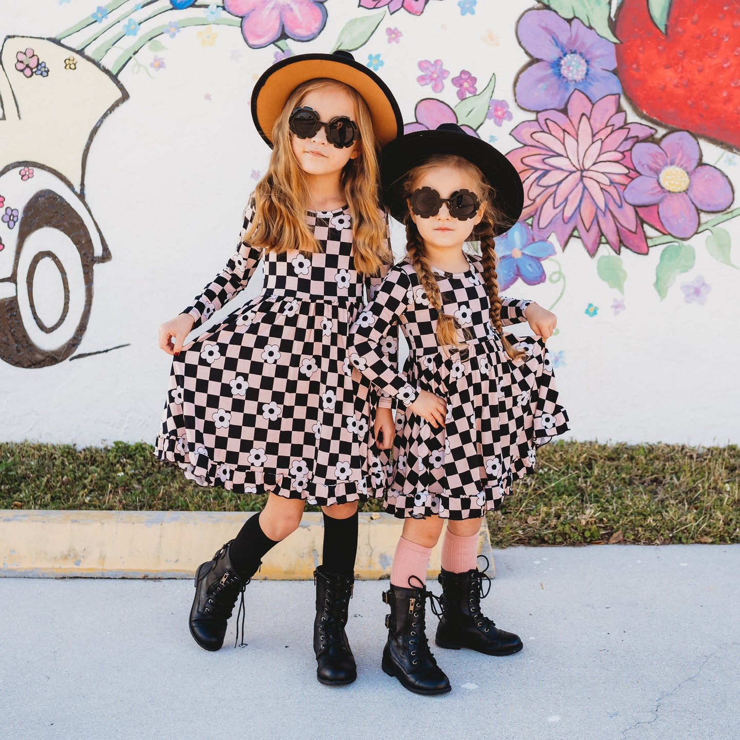 RETRO DAISY CHECKS LONG SLEEVE DREAM RUFFLE DRESS