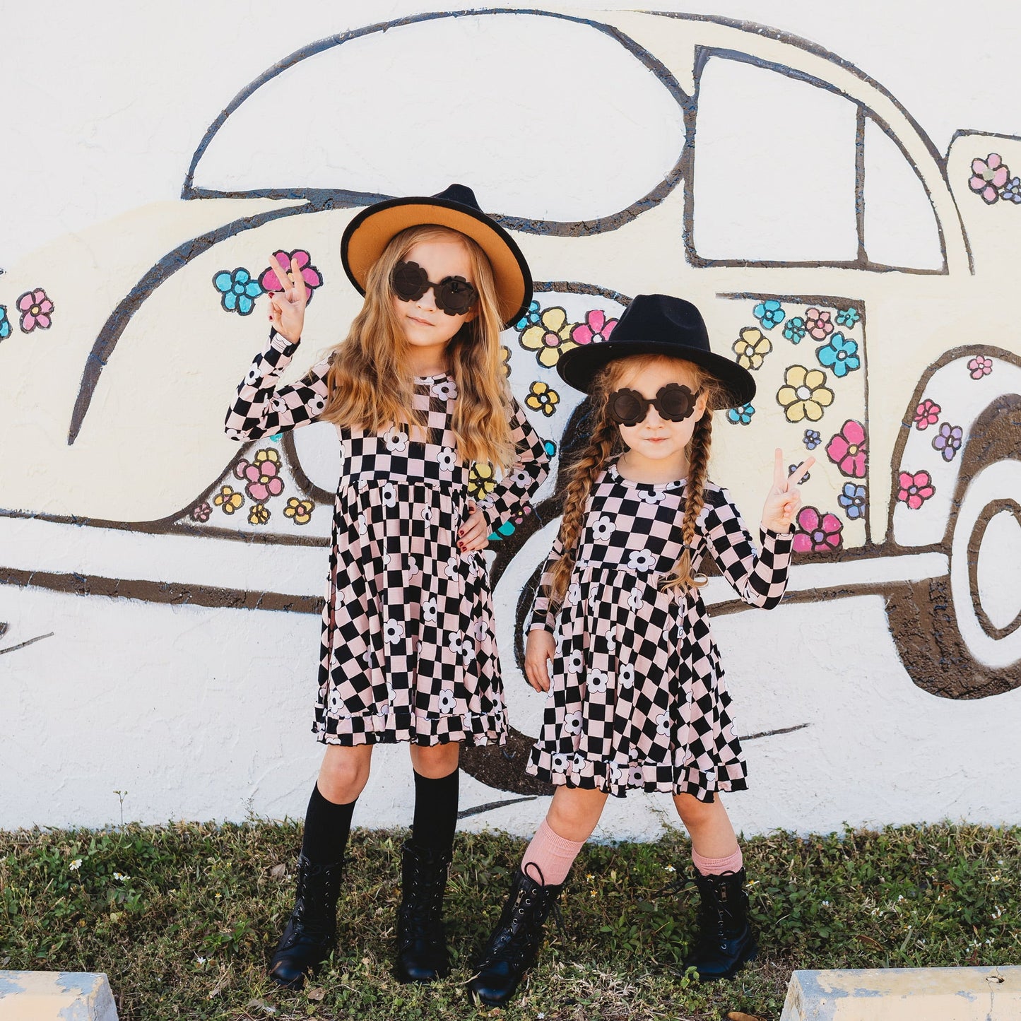 RETRO DAISY CHECKS LONG SLEEVE DREAM RUFFLE DRESS
