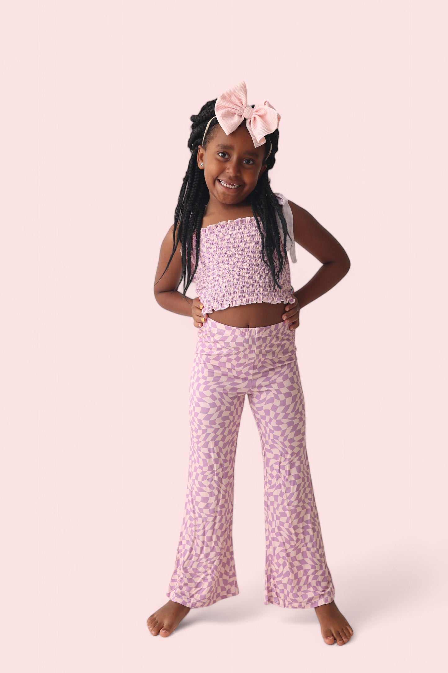 PLUM WAVY CHECKERS DREAM SMOCKED FLARE SET