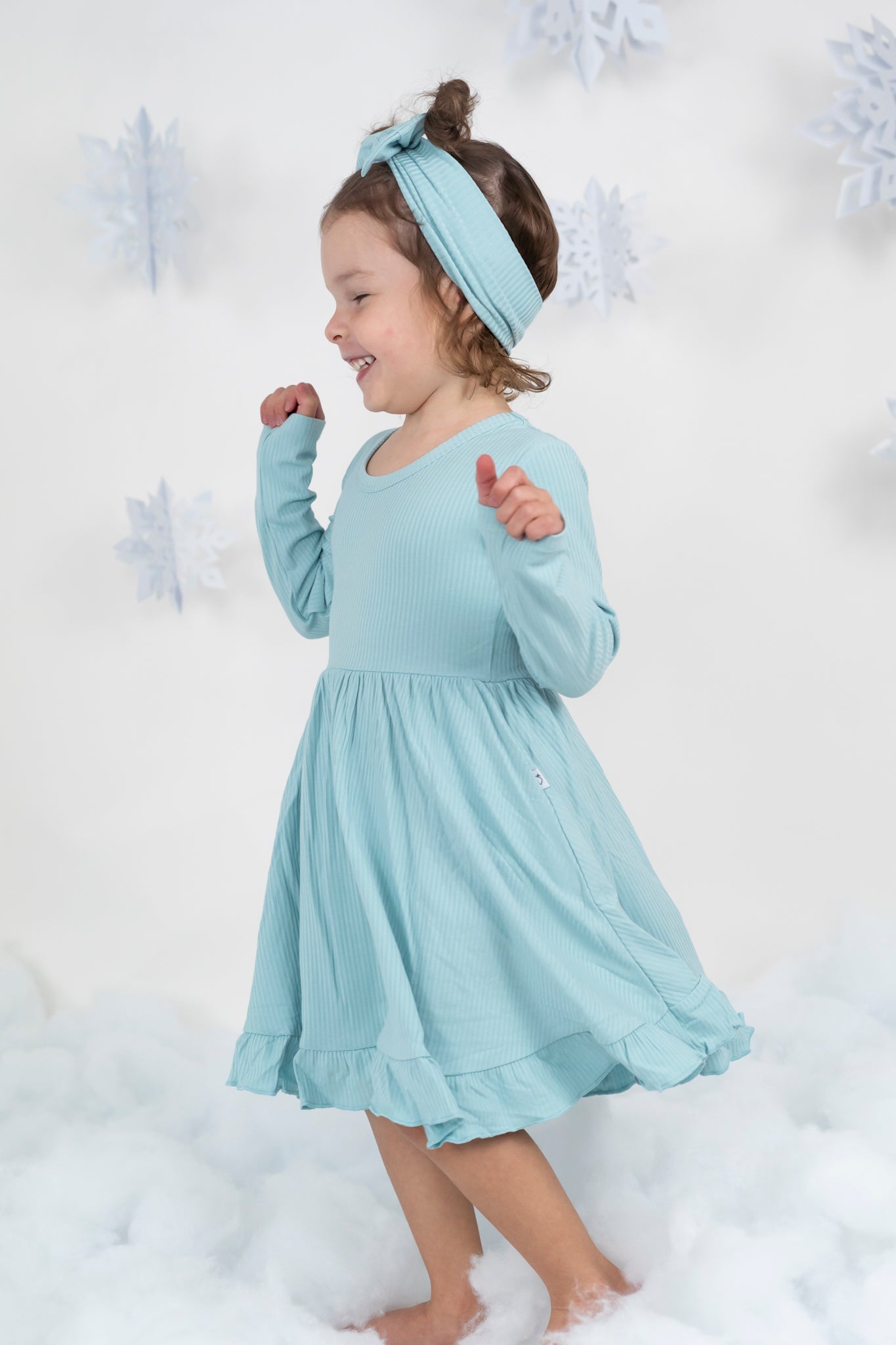 HAZY BLUE RIB DREAM RUFFLE DRESS