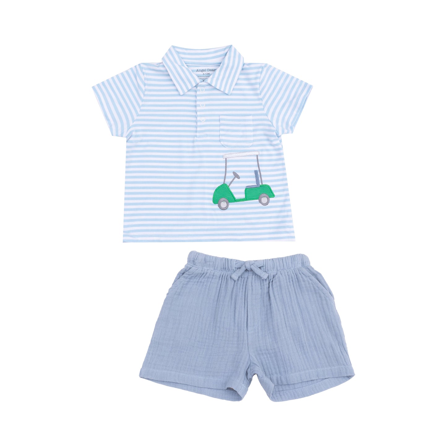 Polo Shirt with Applique and Muslin Short - Golf Blue Stripe