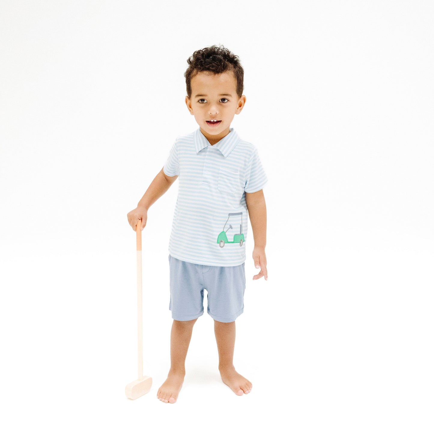 Polo Shirt with Applique and Muslin Short - Golf Blue Stripe