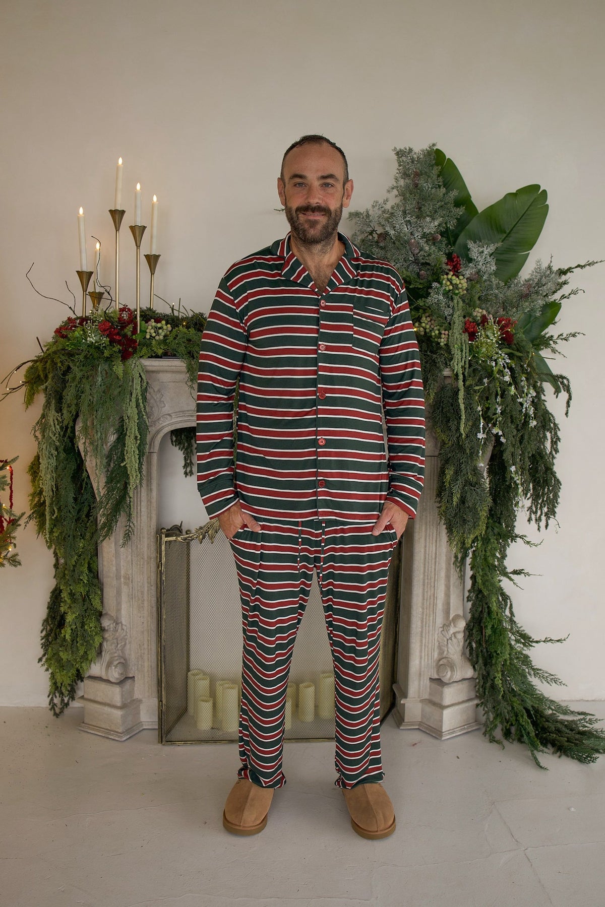 Men's Bamboo Button Up Lounge Set | Holiday Stripe