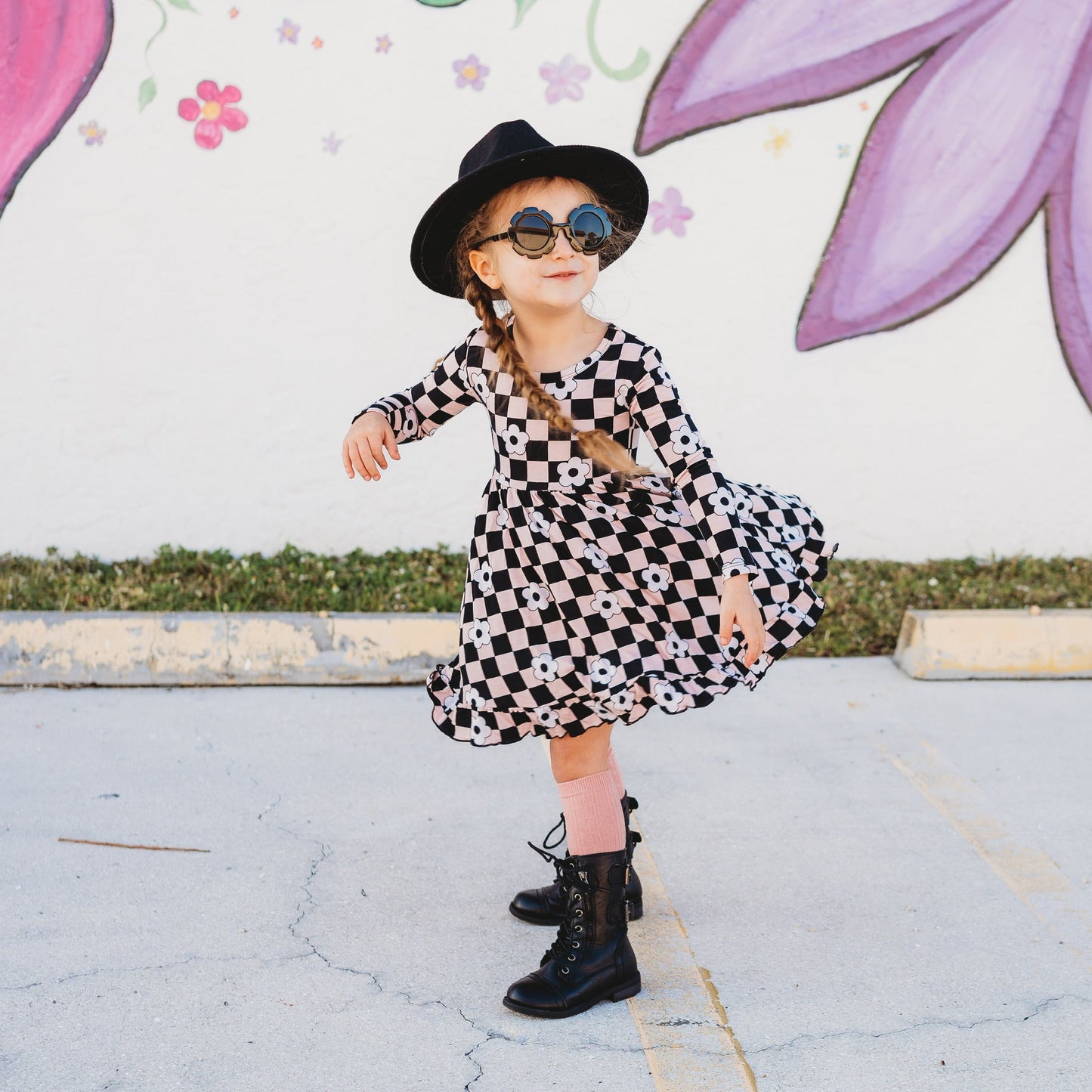 RETRO DAISY CHECKS LONG SLEEVE DREAM RUFFLE DRESS