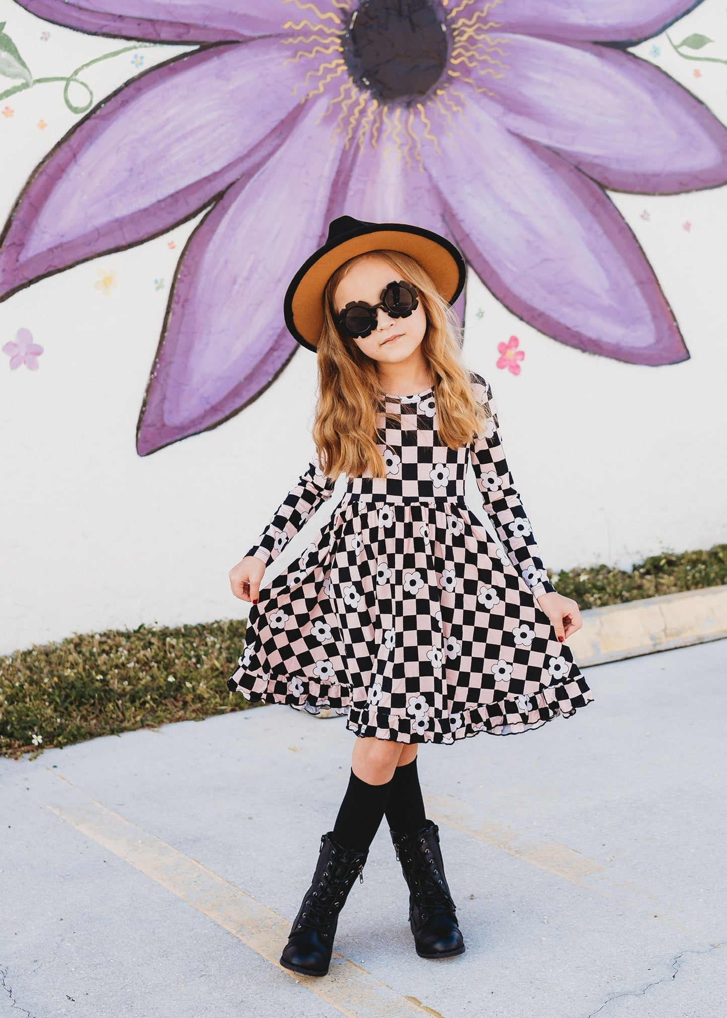 RETRO DAISY CHECKS LONG SLEEVE DREAM RUFFLE DRESS