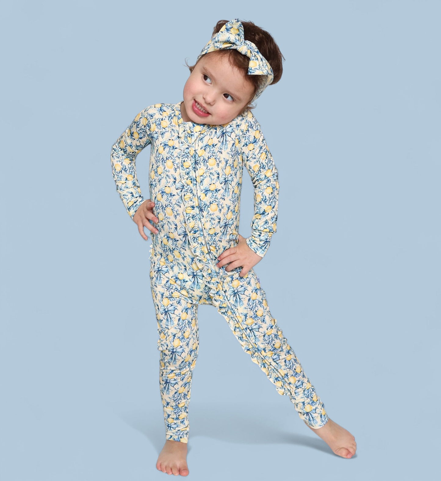 VINTAGE CITRUS TOILE DREAM RUFFLE ROMPER