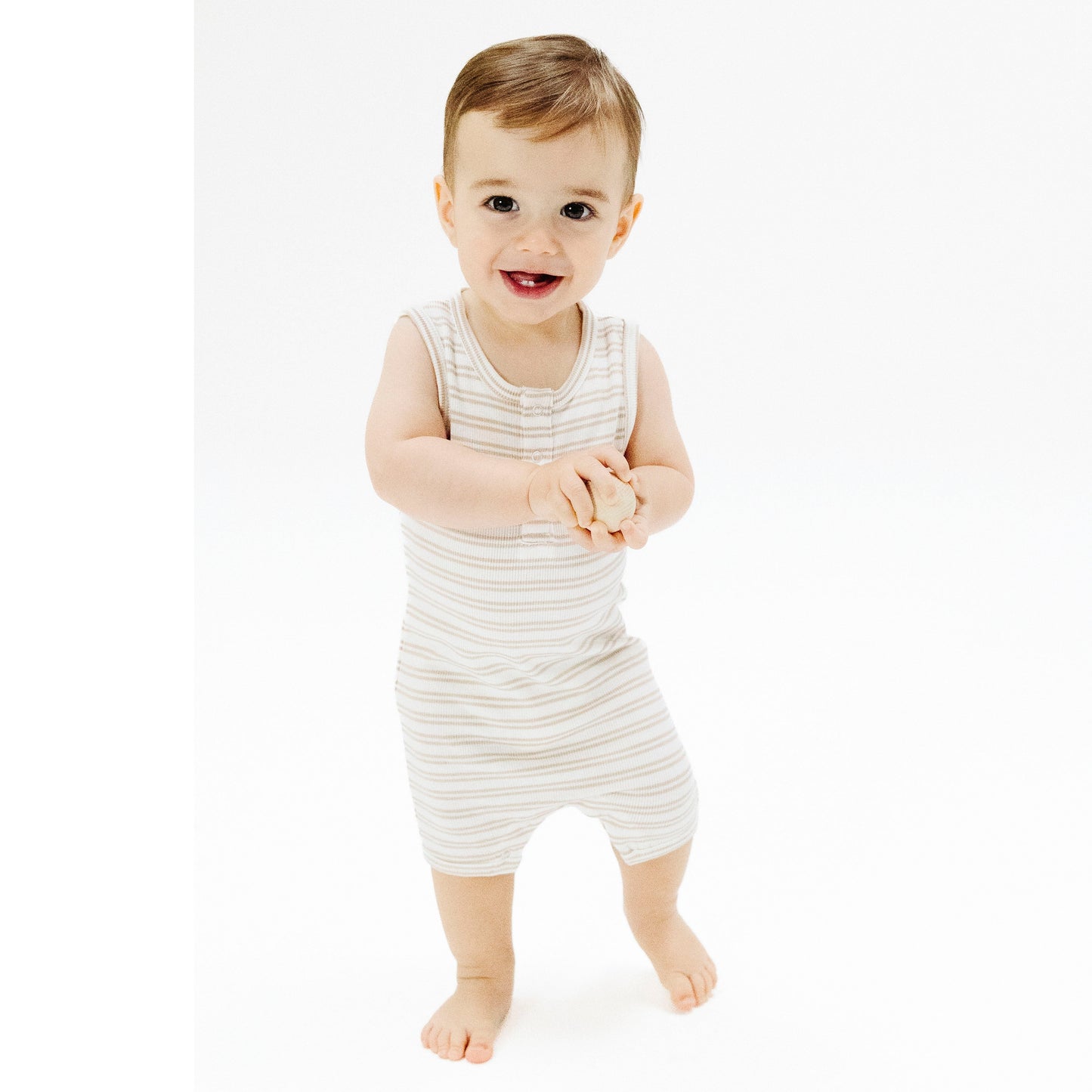 Sleeveless Shortie Romper - Stripe Oxford Tan