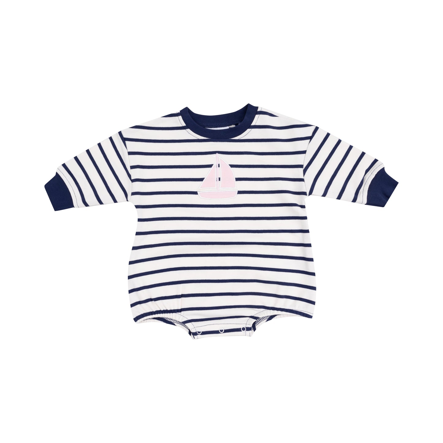 French Terry Sweatshirt Bubble with Pink Sailboat Applique - Navy Stripe
