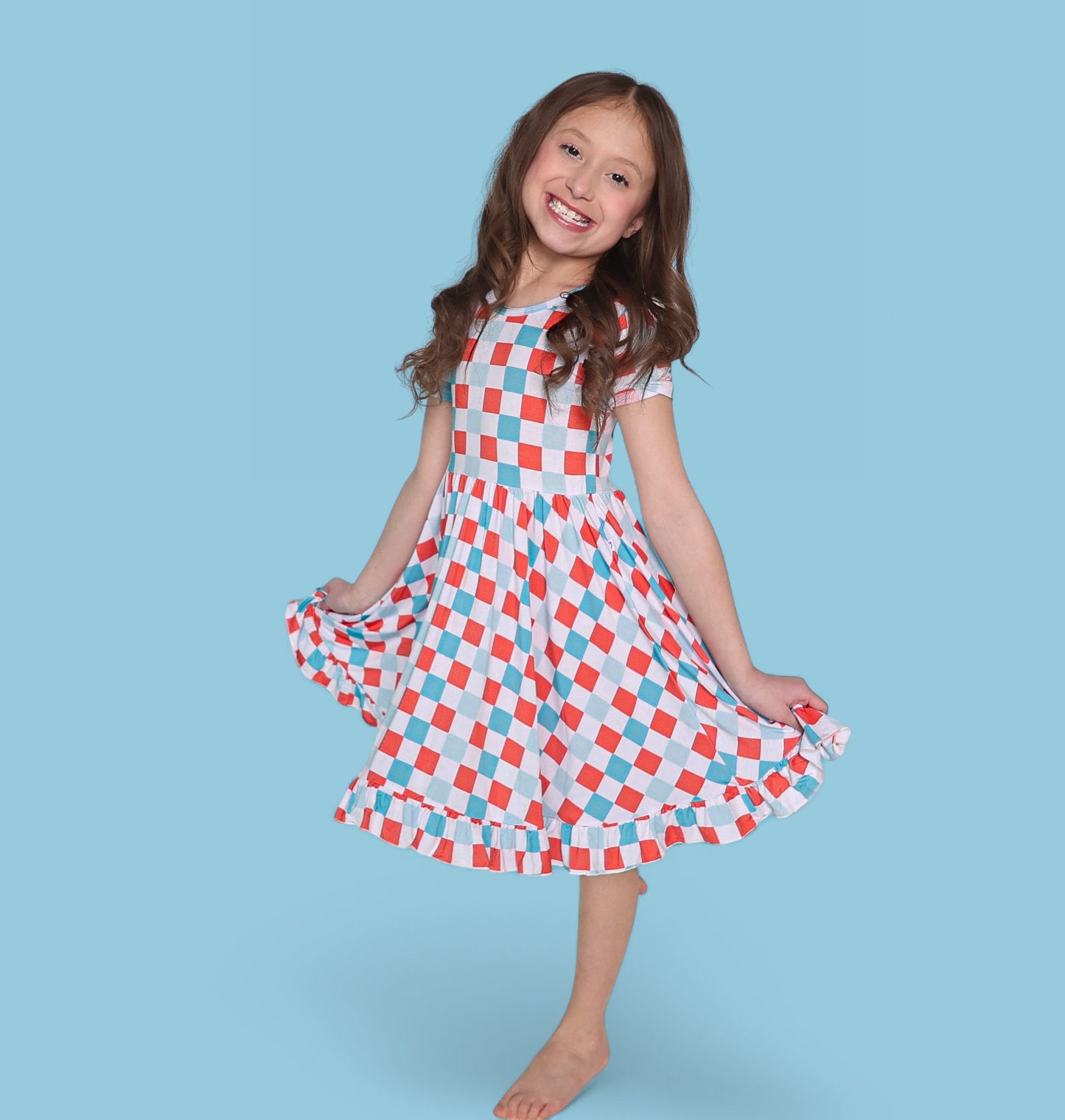 USA CHECKERS DREAM RUFFLE DRESS