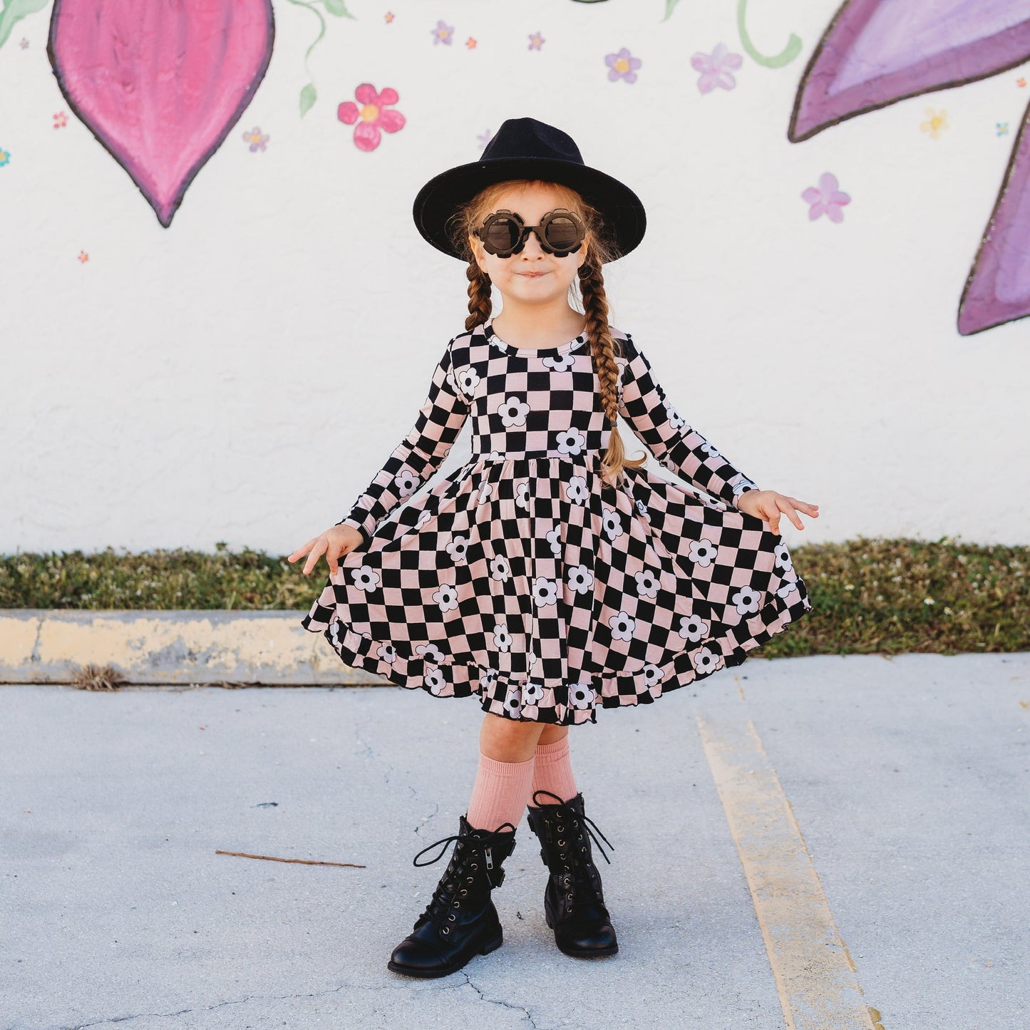RETRO DAISY CHECKS LONG SLEEVE DREAM RUFFLE DRESS