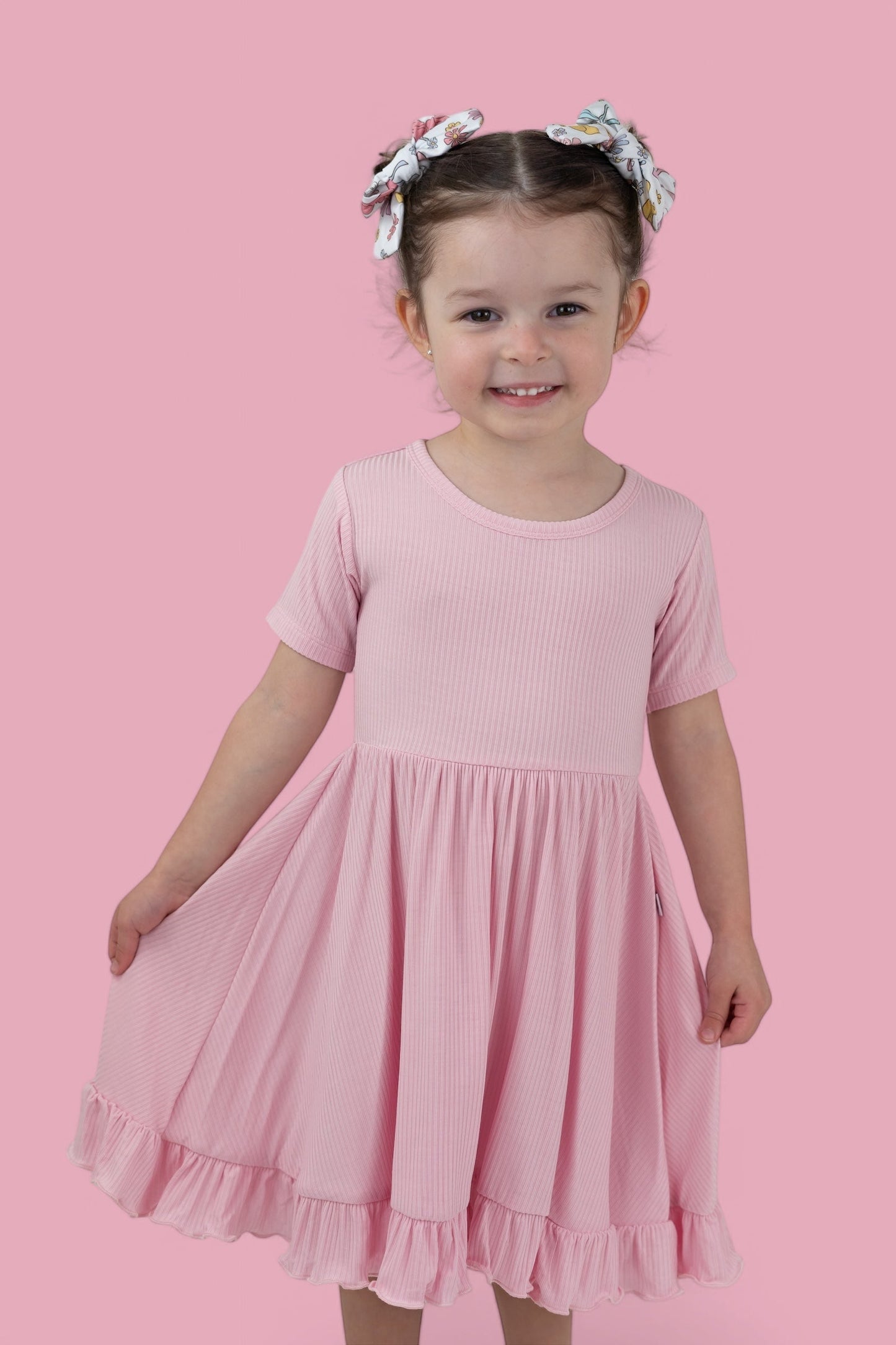 PINK ROSE RIB RUFFLE DRESS