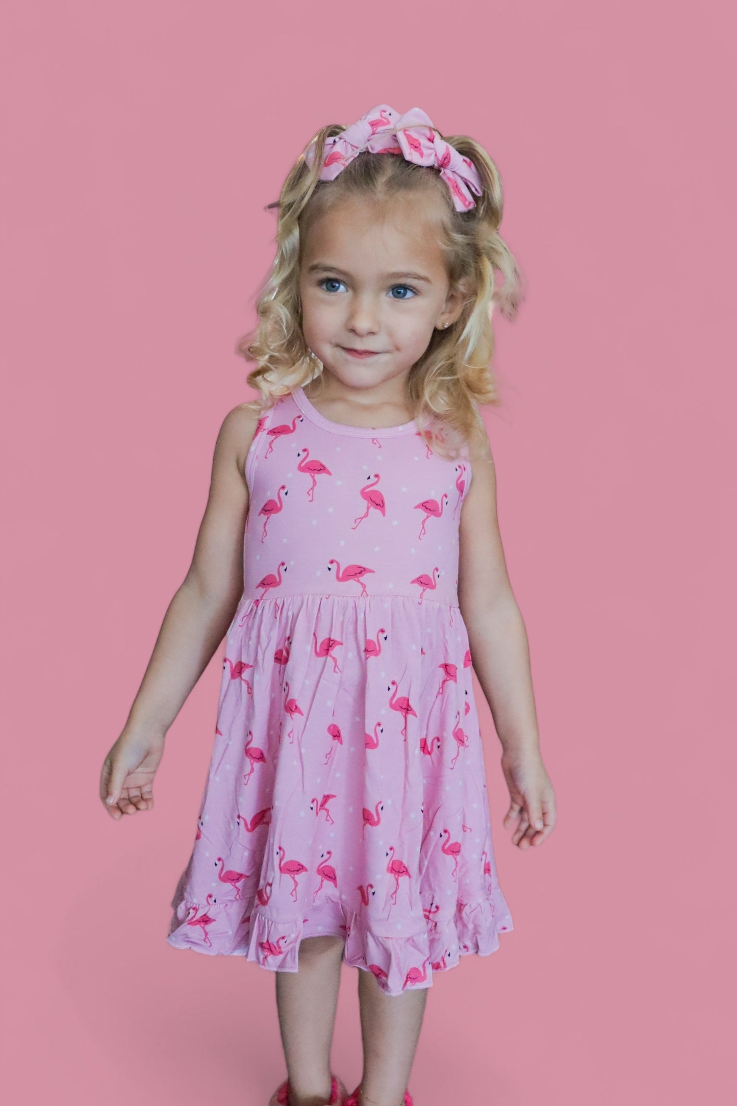 FLOCKING FLAMINGOS SLEEVELESS DREAM RUFFLE DRESS