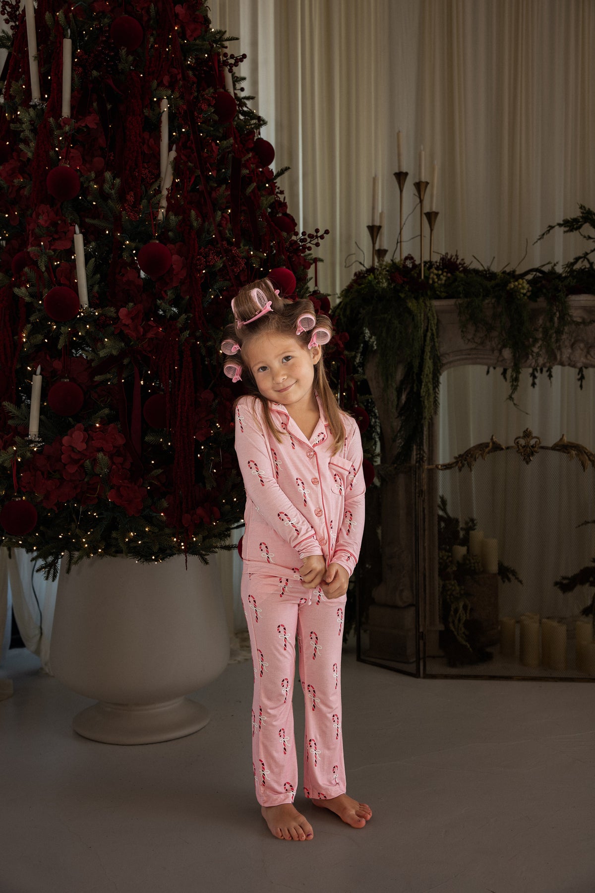 Girl's Bamboo Button Up Lounge Set | Pink Candy Cane