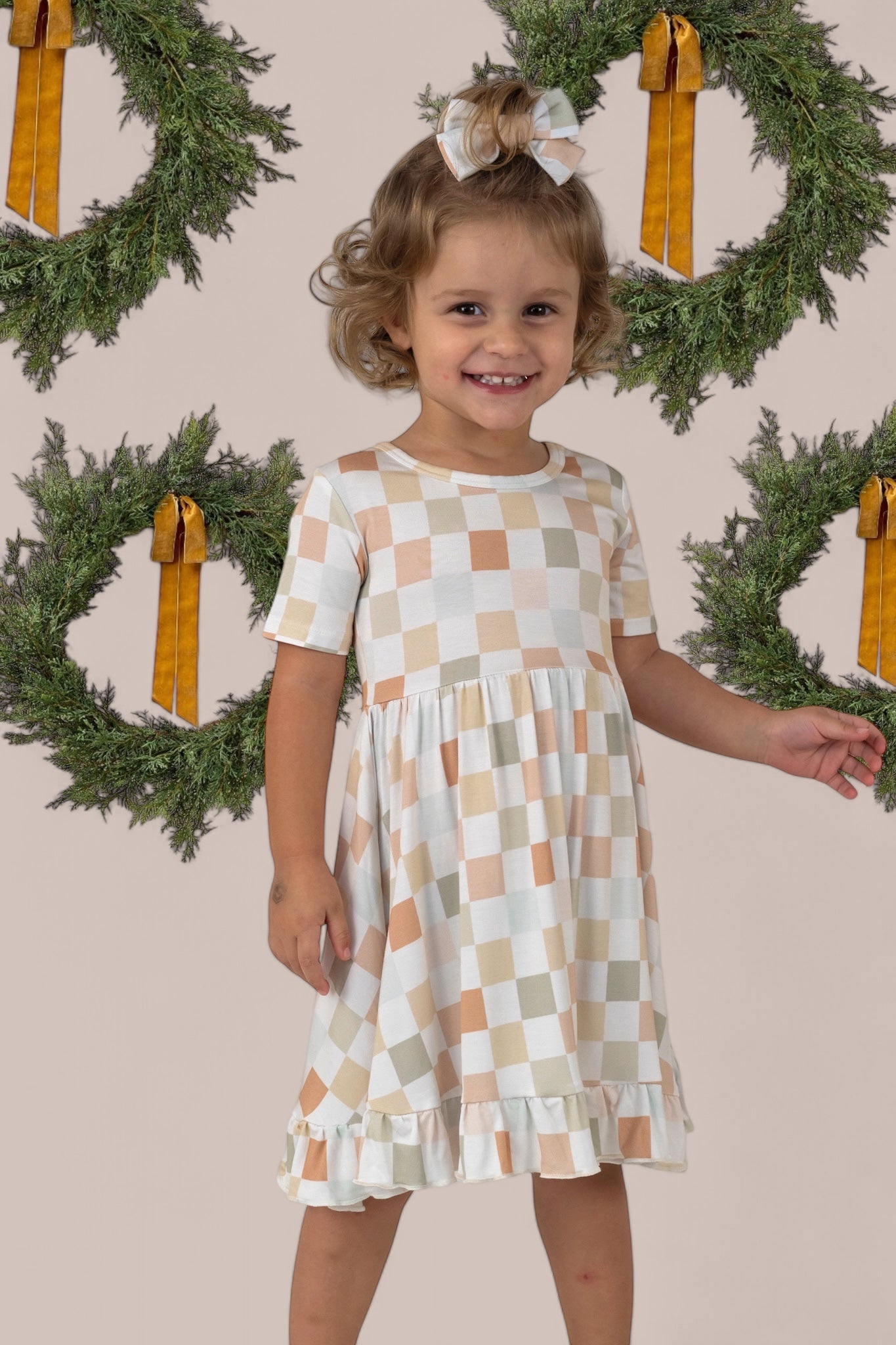 MUTED CHECKERS DREAM RUFFLE DRESS
