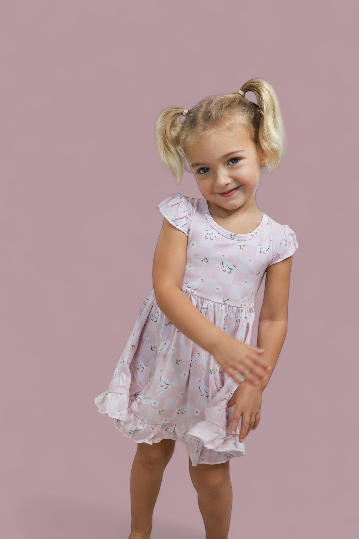 EXCLUSIVE DUCKS AND DAISIES DREAM CAP SLEEVE RUFFLE DRESS