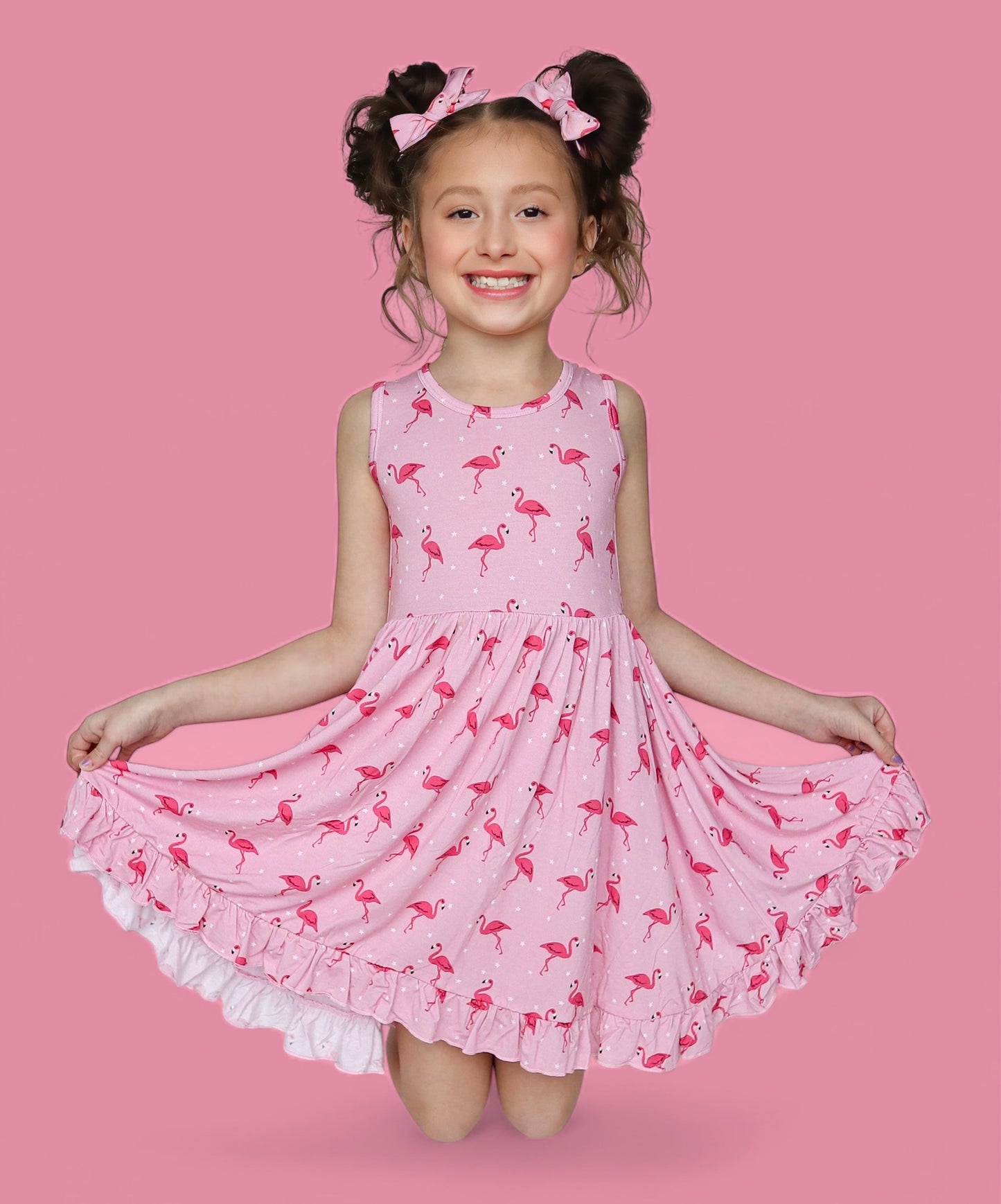 FLOCKING FLAMINGOS SLEEVELESS DREAM RUFFLE DRESS