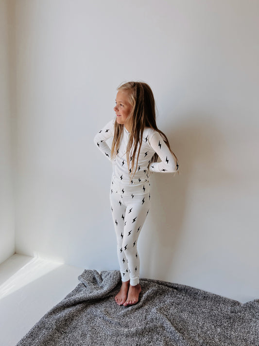 Bamboo Two Piece Pajamas | White & Black Lightning Bolt
