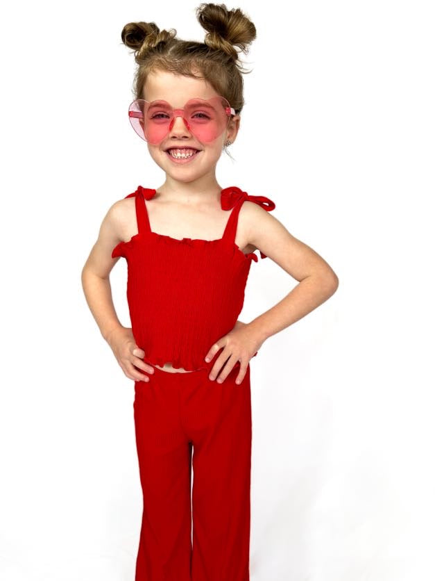 RED RIB DREAM SMOCKED FLARE SET