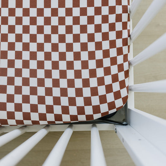 Rust Checkered Bamboo Ribbed Stretch Crib Sheet