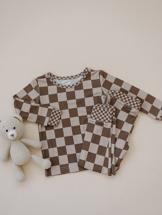Ribbed Bamboo Two Piece Set | Latte Checkered