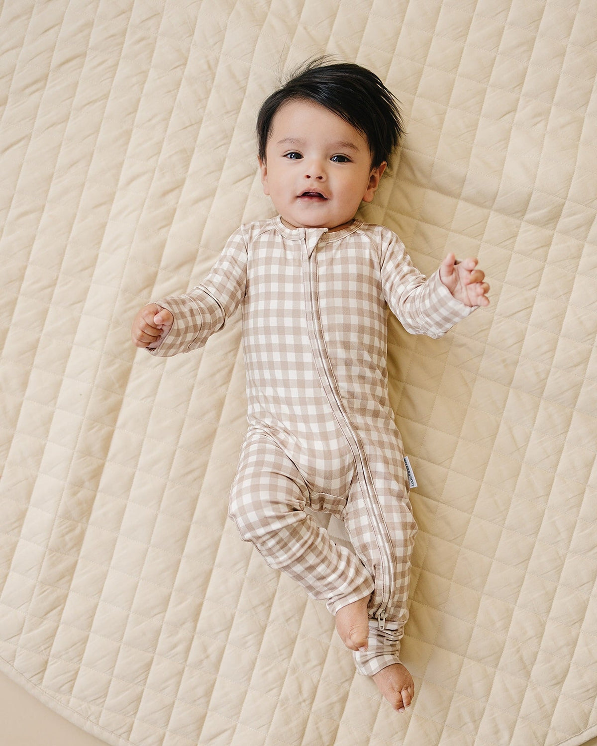 Bamboo Zip Romper | Beige Gingham