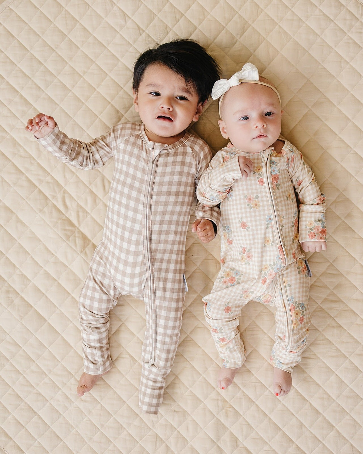 Bamboo Zip Romper | Beige Gingham
