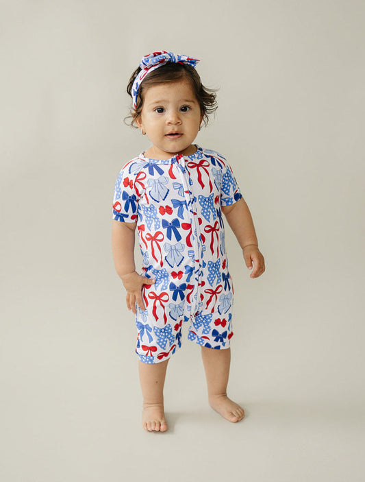 Bamboo Shorty Romper  | Red-White & Bows