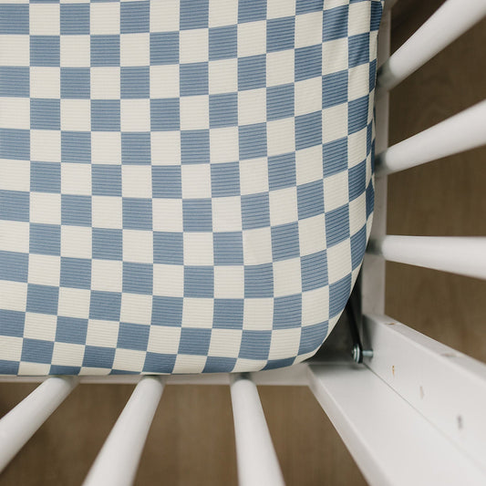 Blue Checkered Ribbed Bamboo Stretch Crib Sheet