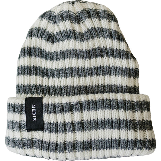 Grey & White Stripe Chunky Knit Beanie