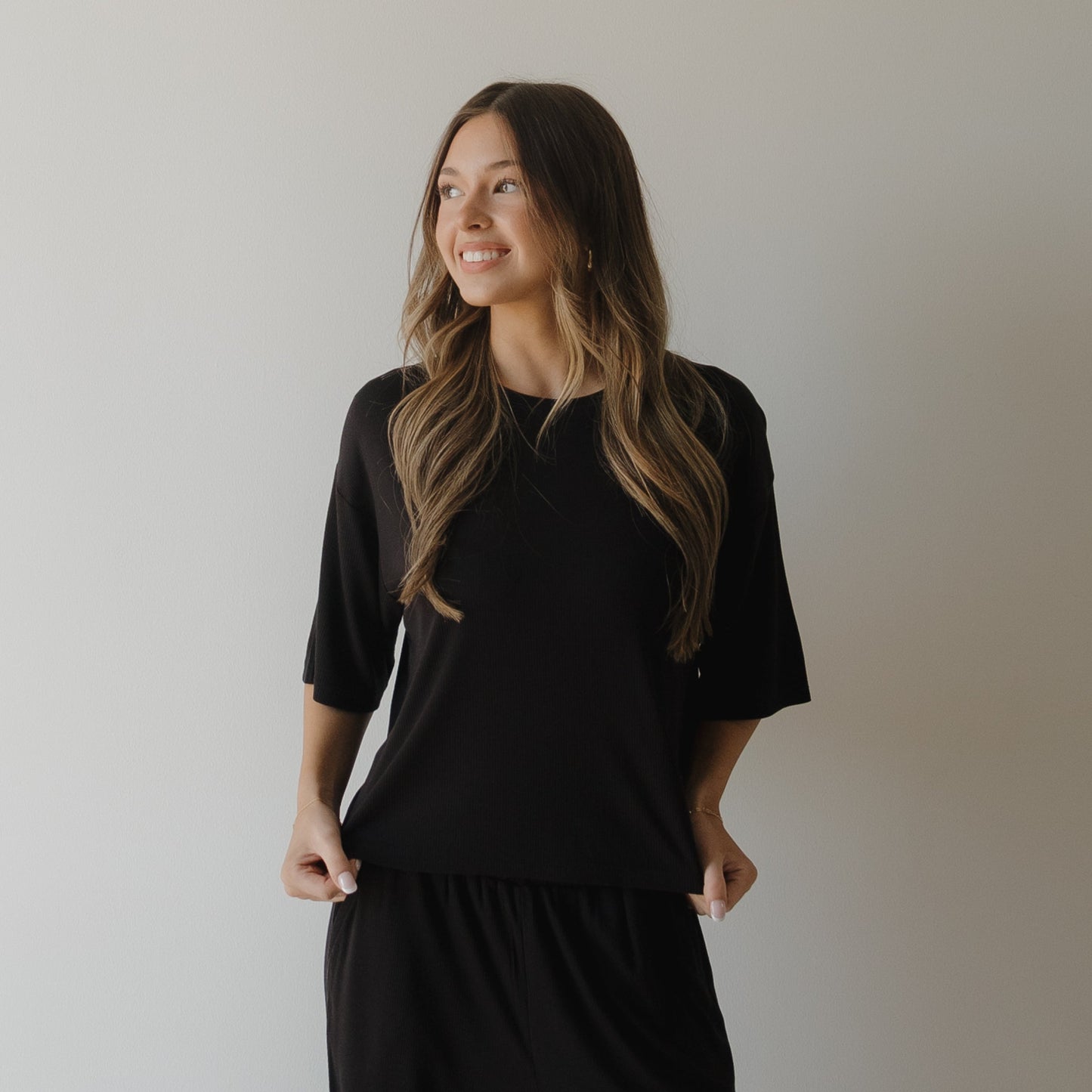 Women's Boxy Tee Lounge Set | Ribbed Black