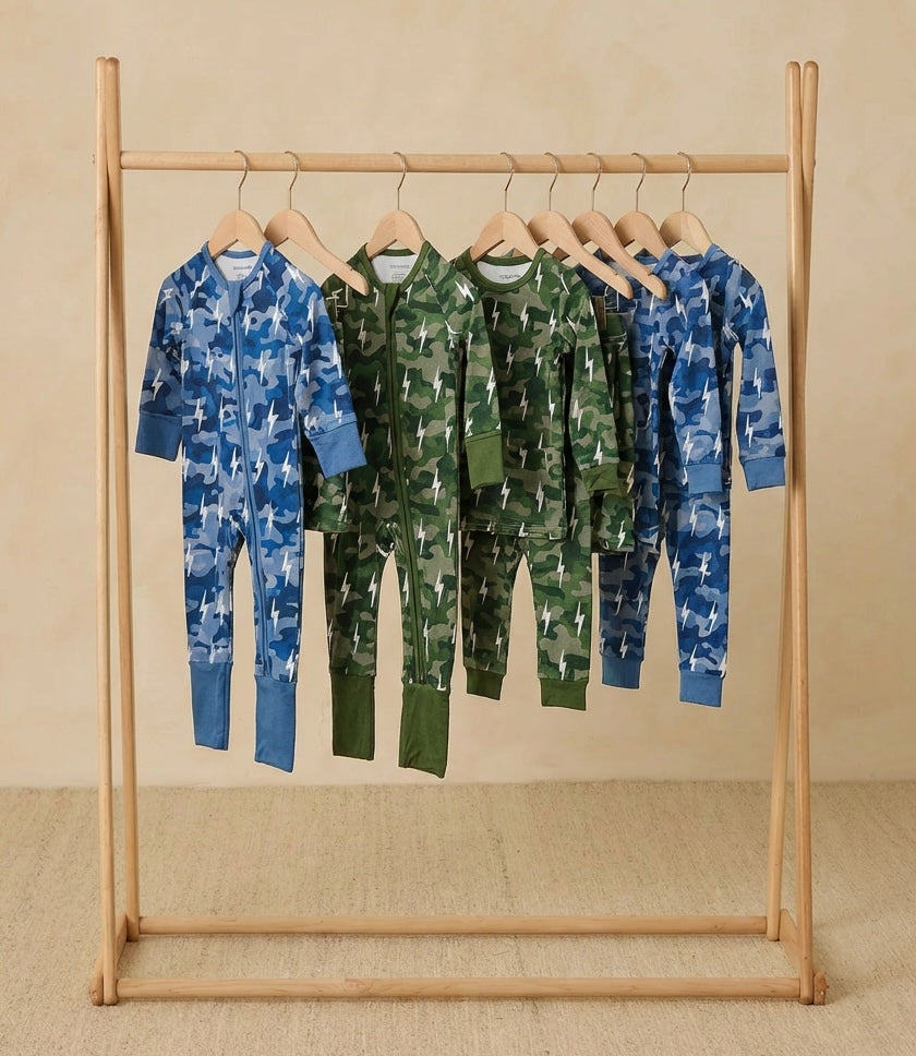 Bamboo Zip Romper | Blue Camo Bolts