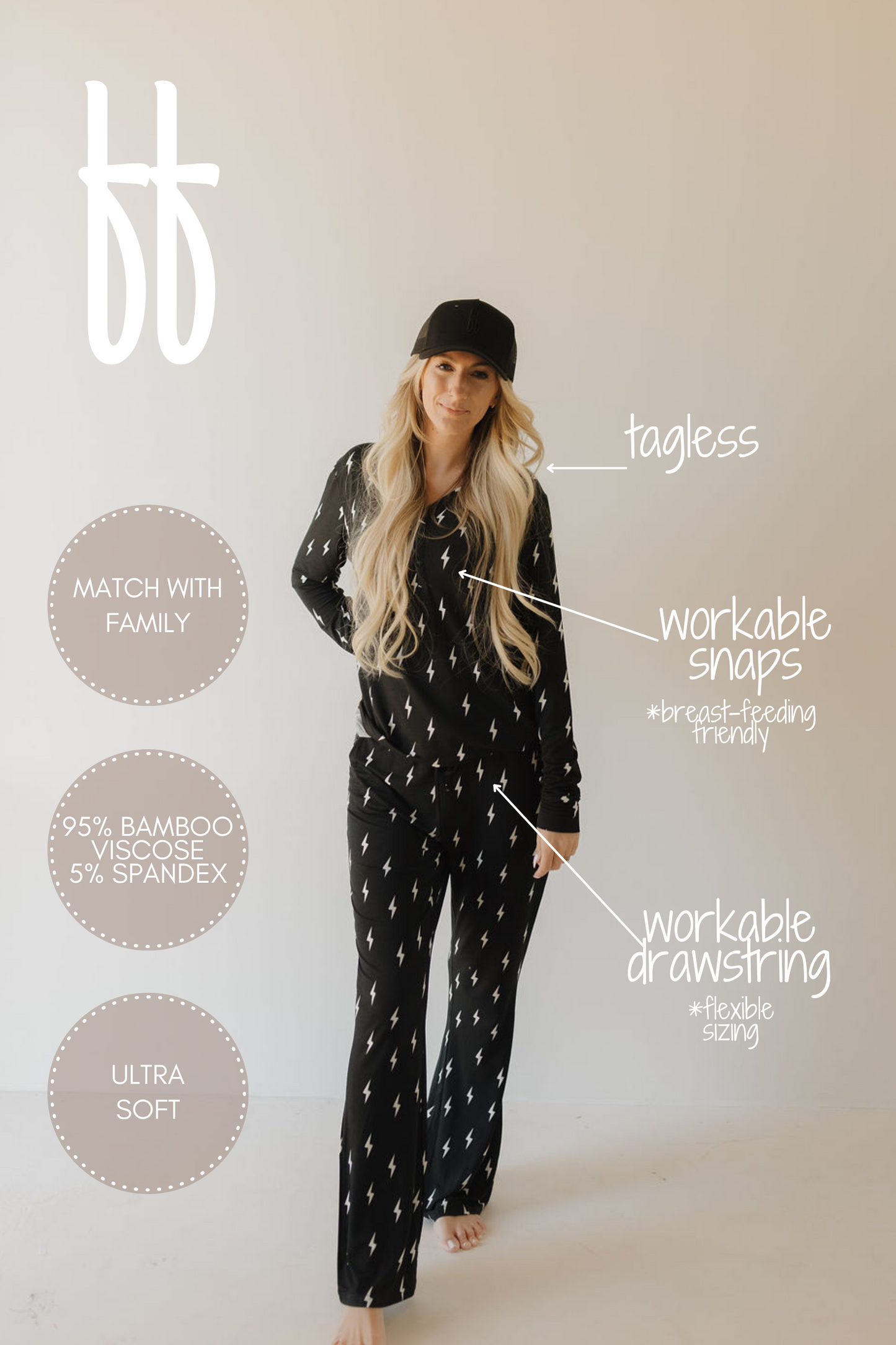 Women's Long Sleeve Bamboo Pajama | Midnight Lightning Bolt