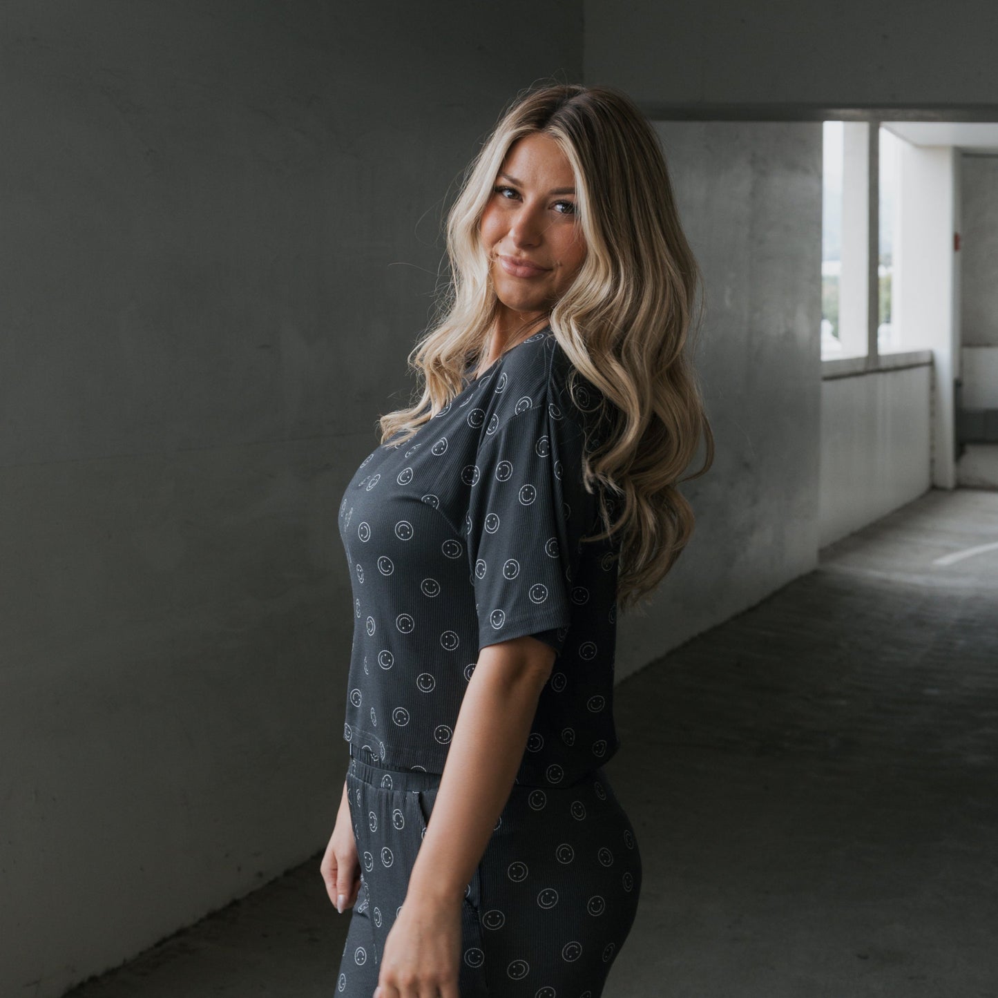 Women's Boxy Tee Lounge Set | Smiley Ribbed